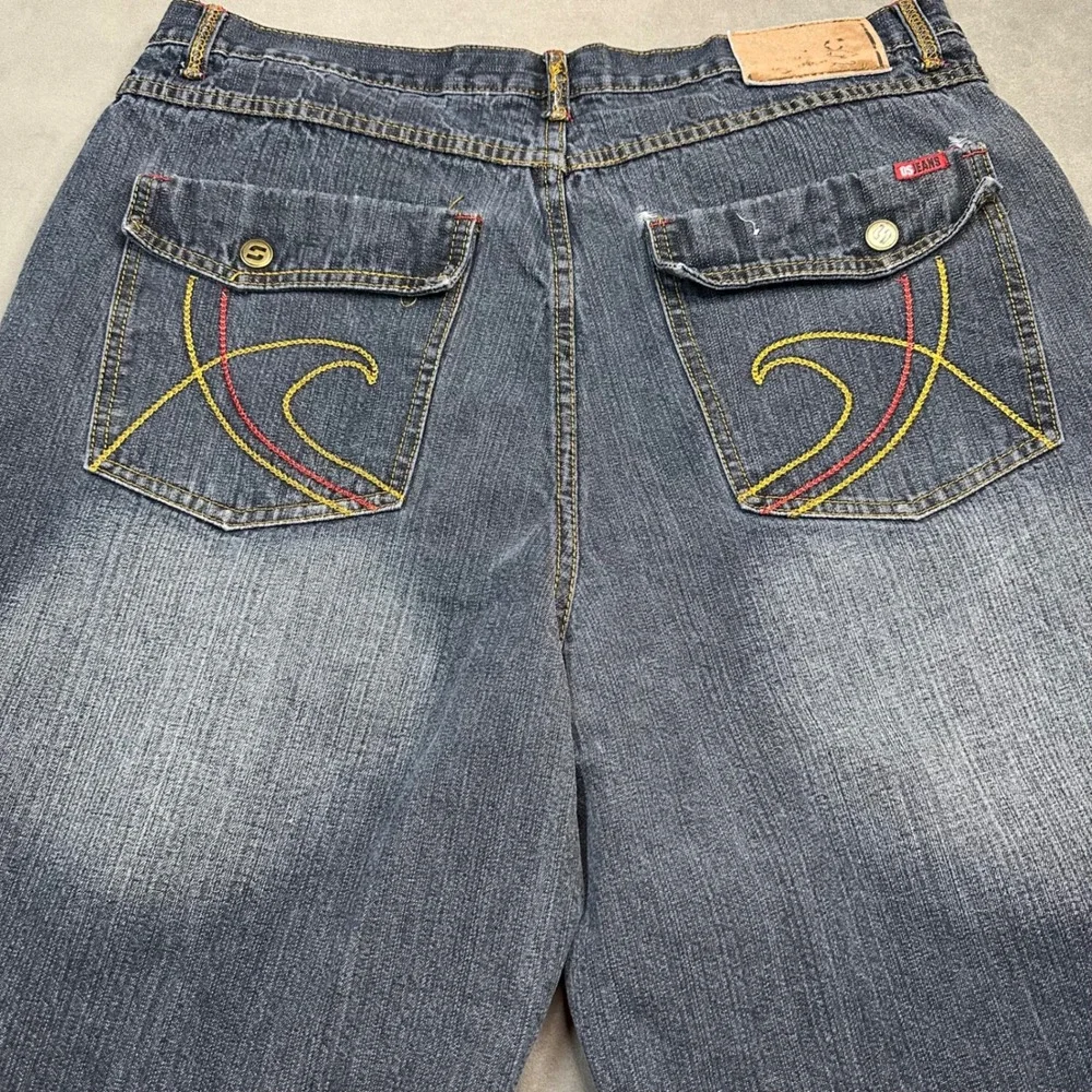 Old Skool Jeans Men 37x32 Dark Wash Embroidered Baggy Y2K Streetwear Excellent